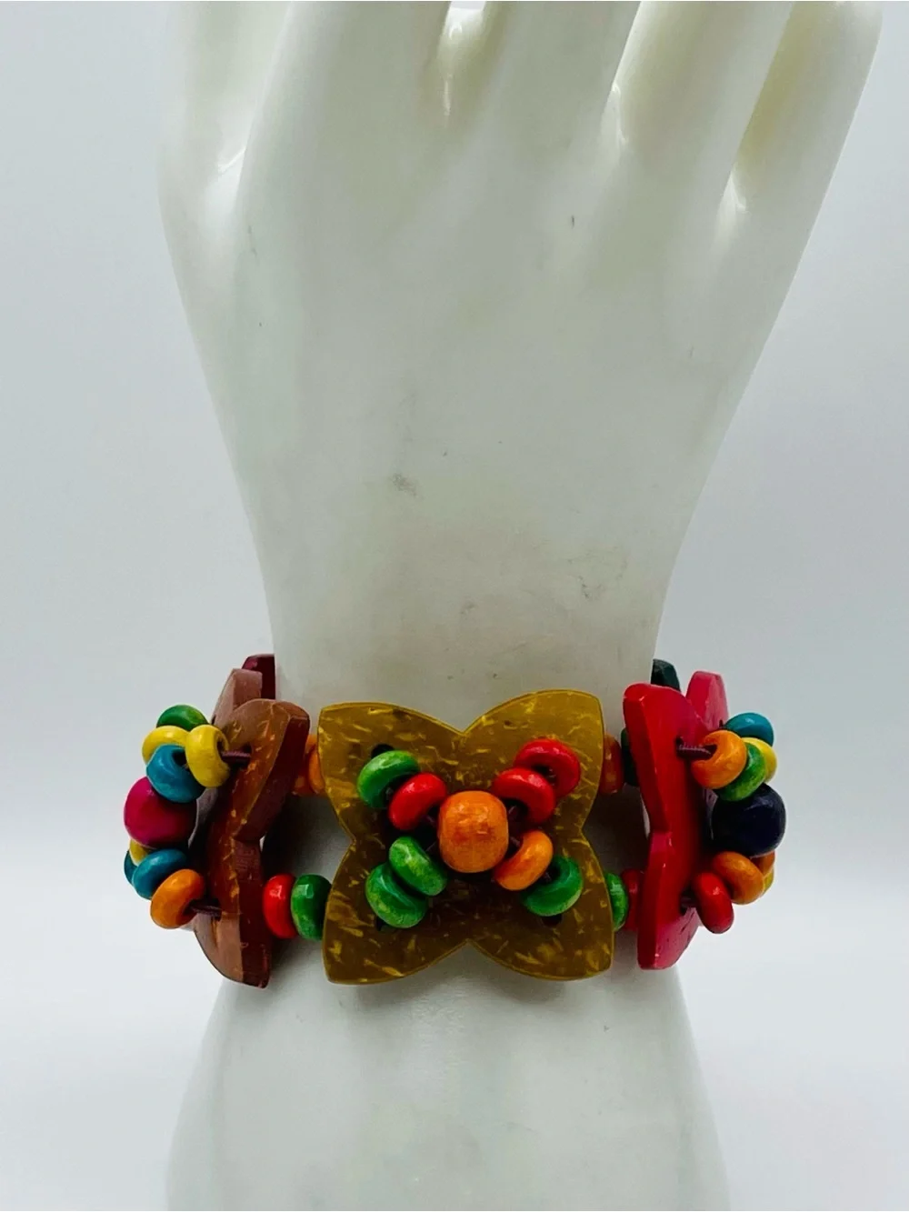 Chunky Boho Multicolor Wooden Flower Stretch Statement Bracelet